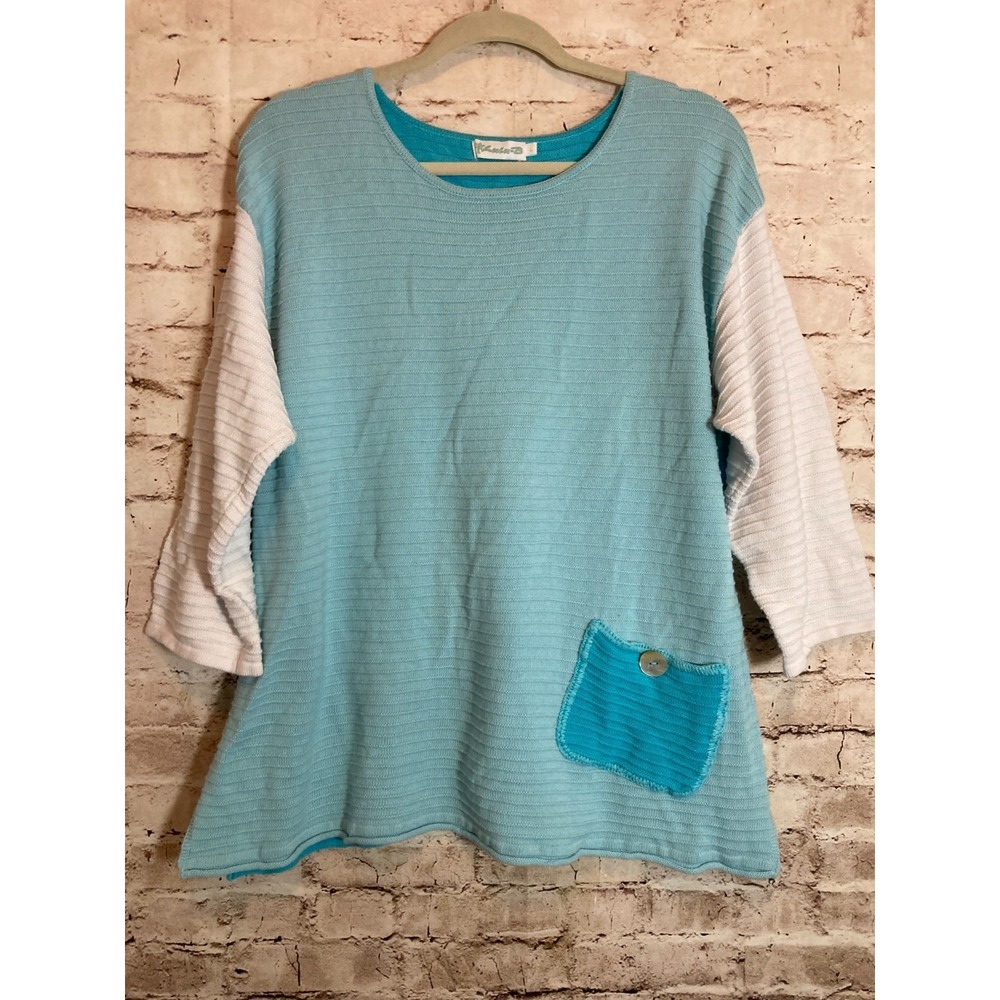 Lulu B Artsy Sweater Womens Large Turquoise Ribbed Knit Pullover Lagenlook Tunic